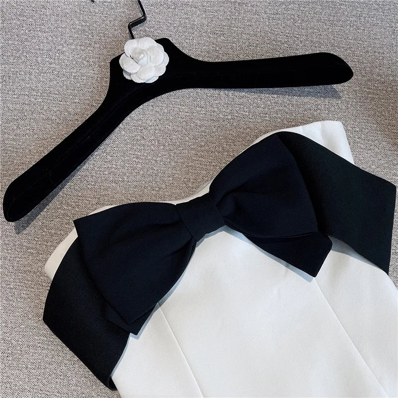 PREPOMP Summer Sleeveless Black Bow Strapless High Waist White Slim Short Dress Women