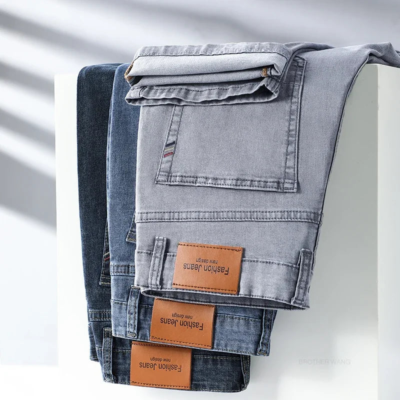 Summer Thin Elastic Cotton Men's Jeans Fashion Gray Comfortable Business Straight Casual Pants