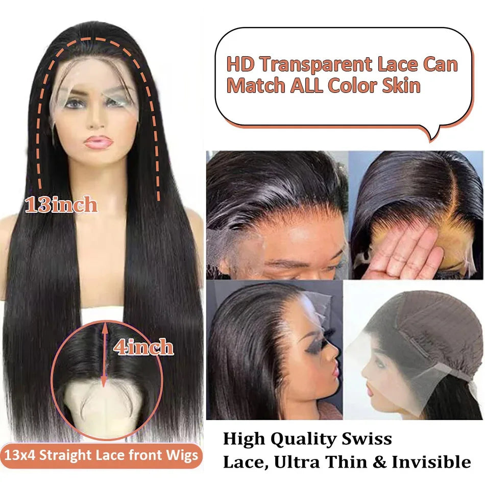 250 Density HD Transparent Bone Straight 30 40 Inches Lace Front Human Hair Brazilian Frontal Wigs For Women