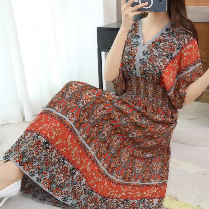 Casual Elegant V-neck Tunic Large Printed Dress Long Skirt