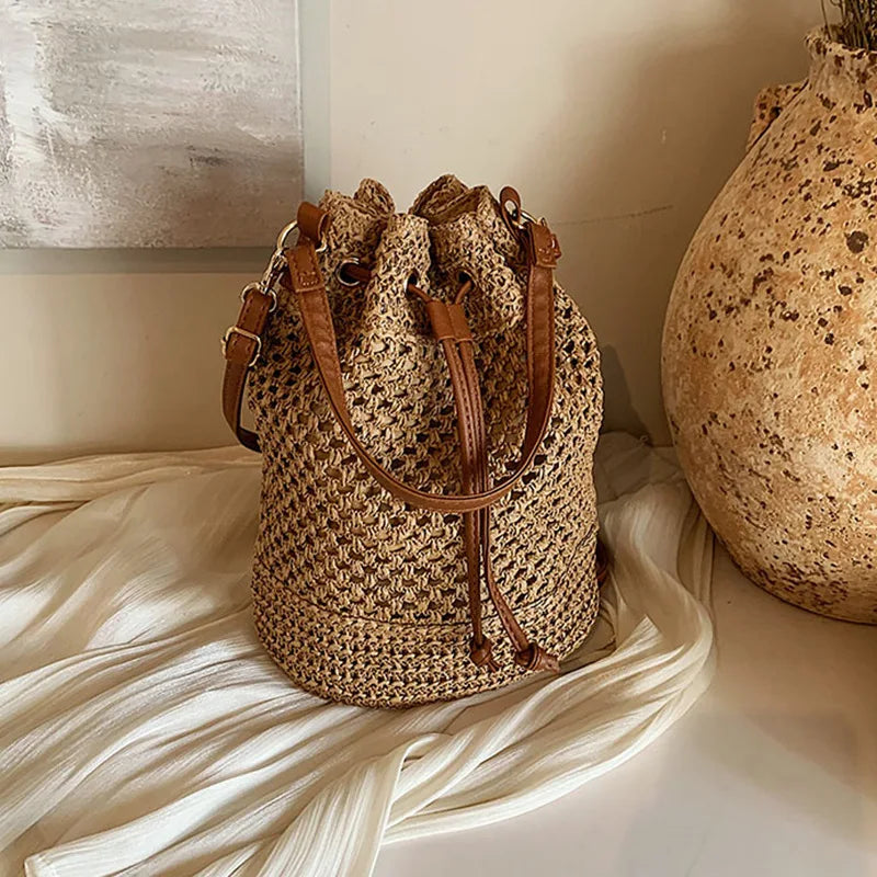 Women's 2024 Fashion Straw Bucket Bag Summer Shoulder Crossbody Beach Bag Stylish Niche Hundred Design