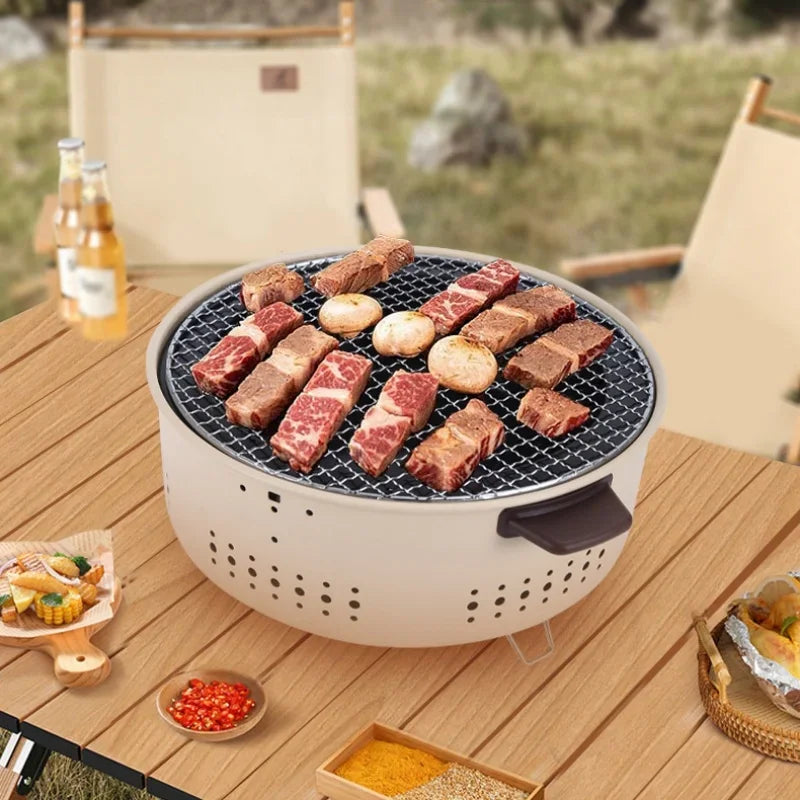 Portable Stainless Steel Charcoal BBQ Grill Korean Style Outdoor Camping Split Stove with Non-stick round Barbecue Rack