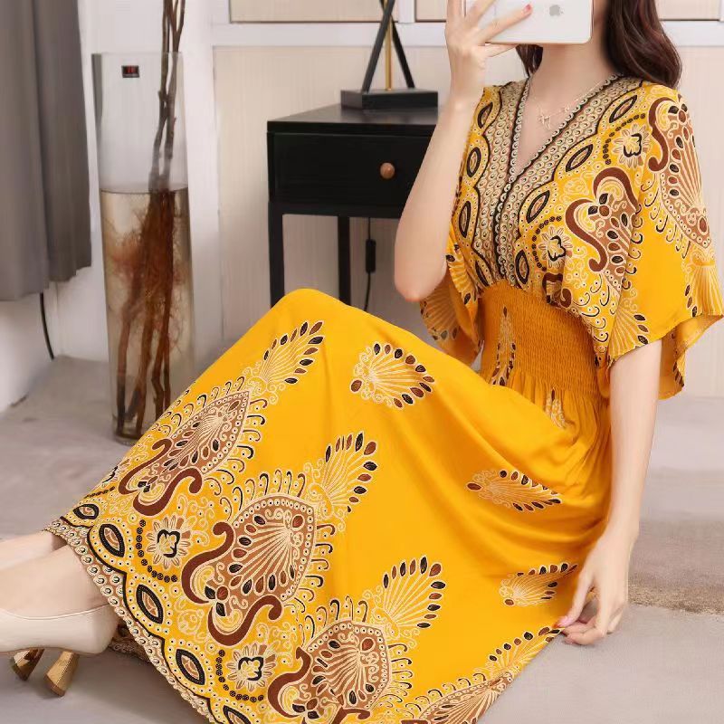 Casual Elegant V-neck Tunic Large Printed Dress Long Skirt