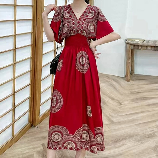 Casual Elegant V-neck Tunic Large Printed Dress Long Skirt