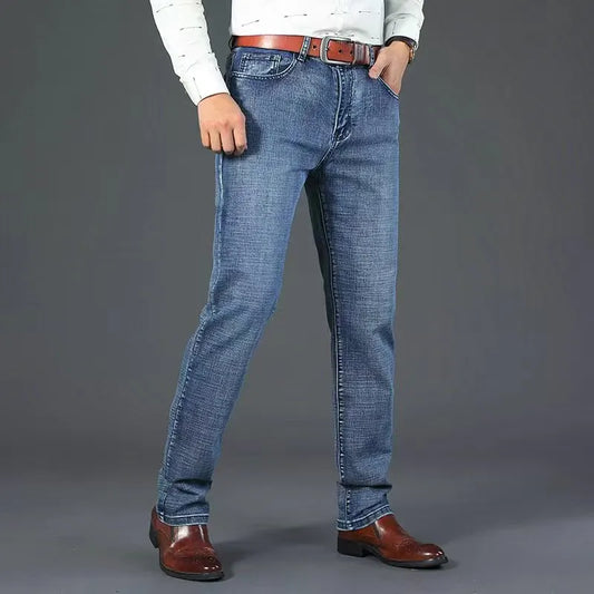 Men's New Business Jeans Casual Straight Stretch Classic Work Denim Pant Trousers