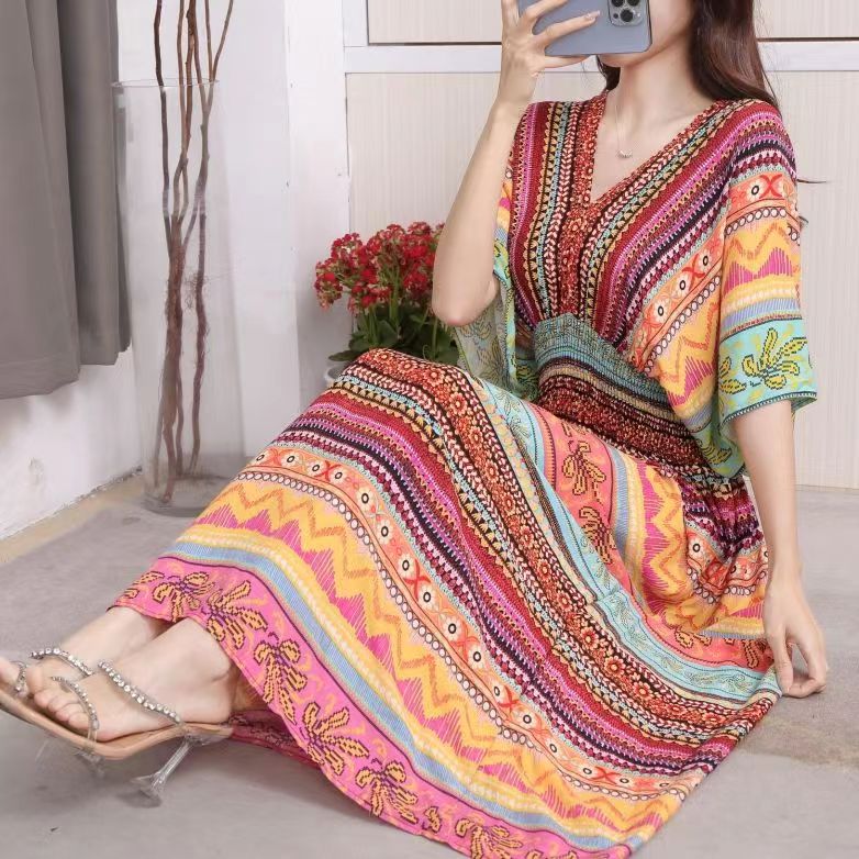 Casual Elegant V-neck Tunic Large Printed Dress Long Skirt