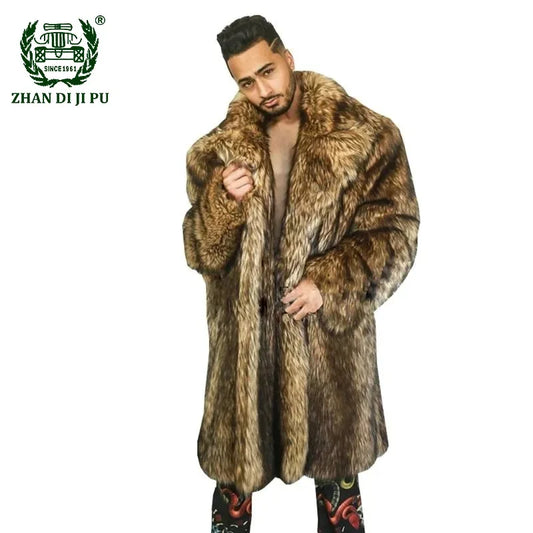 Mens Luxury Winter Faux Fur Long Trench Coat Jacket Warm Thicken Fluffy Faux Fuzzy Coat Cardigan Parka Outwear Chaquetas Hombre