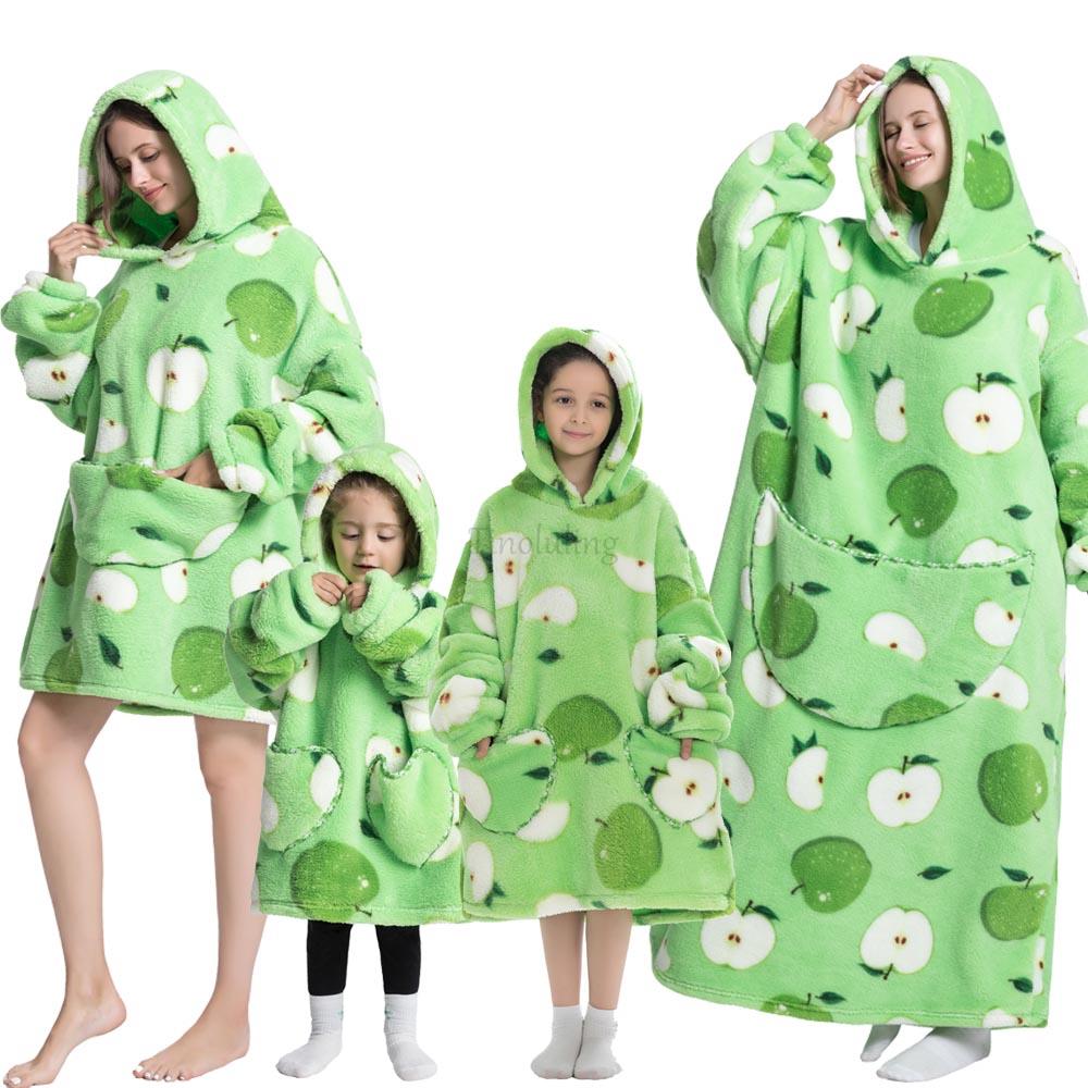 Super Long Oversized Winter Sherpa Blanket Plush Flannel Warm Family Matching Hoodie Halloween Homewear Avocado Women Sweatshirt