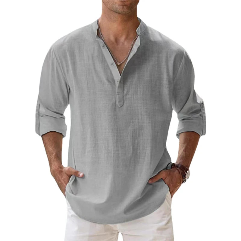 Men's Cotton Linen Casual Shirts Lightweight Long Sleeve Henley Beach Hawaiian T Shirts
