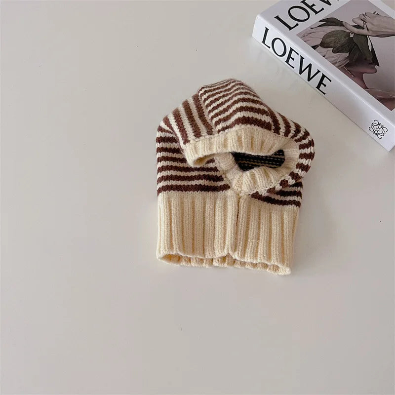 Winter Fashion Children Baby Knit Hooded Scarf Caps Warm Stripe One Piece Hat Kids Accessories