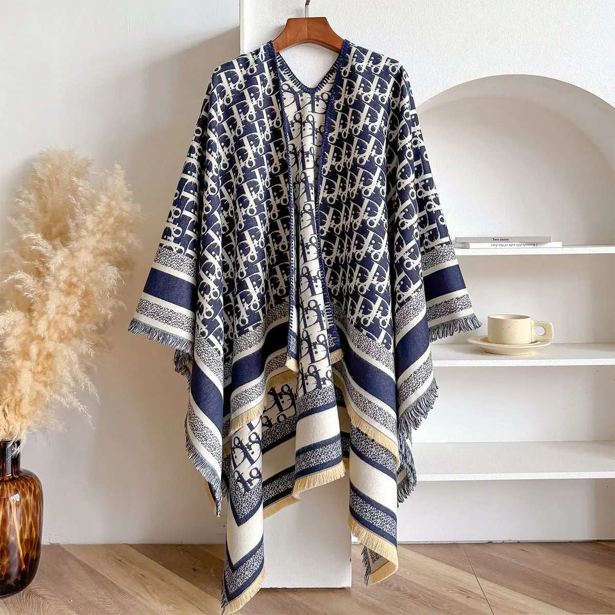 Winter Fashion Women's Scarf Warm Acrylic Shawl Black White Vintage Letter Design Cape Poncho Travel Accessory