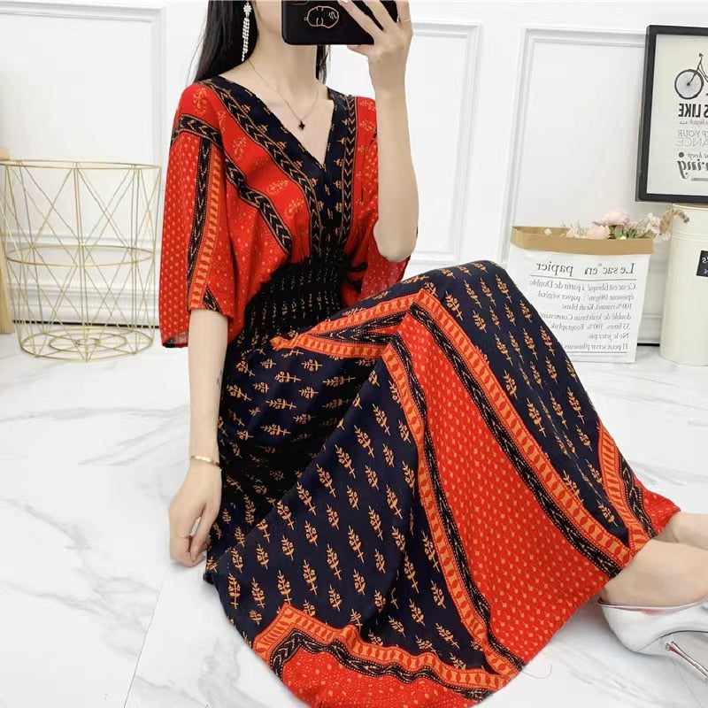 Casual Elegant V-neck Tunic Large Printed Dress Long Skirt