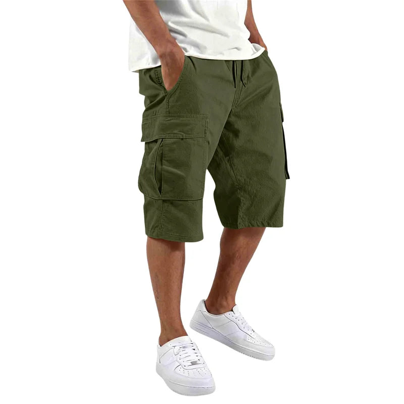 Summer loose straight Casual multi-pocket Shorts fashion Men drawstring daily cargo short pants