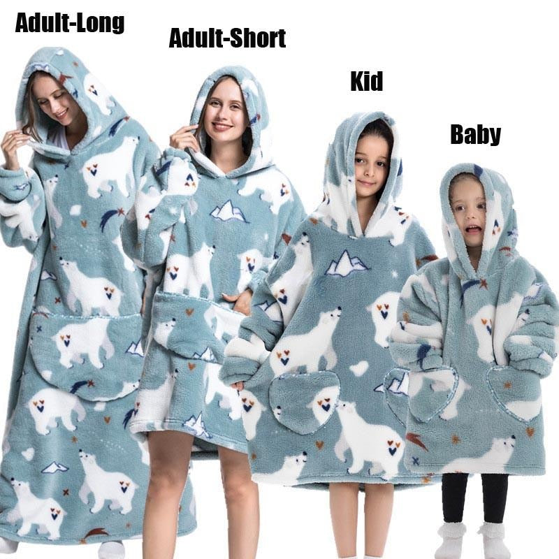 Super Long Oversized Winter Sherpa Blanket Plush Flannel Warm Family Matching Hoodie Halloween Homewear Avocado Women Sweatshirt