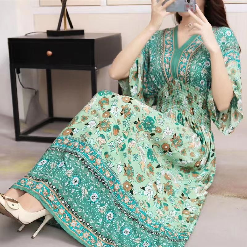 Casual Elegant V-neck Tunic Large Printed Dress Long Skirt