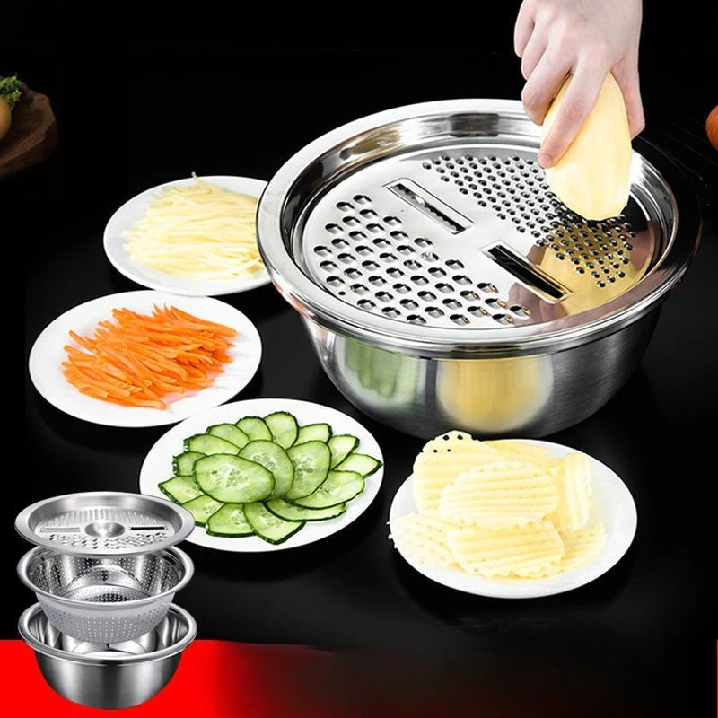 Vegetable Potato Stainless Steel Slicer, Washing Basin, Drain Basket, Multifunctional 3PCS/1 Set