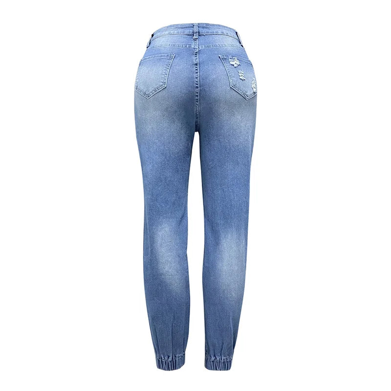 Fashion Alphabet Print Stretch Leg Pencil Jeans Women Trend Broken Holes Denim Pants