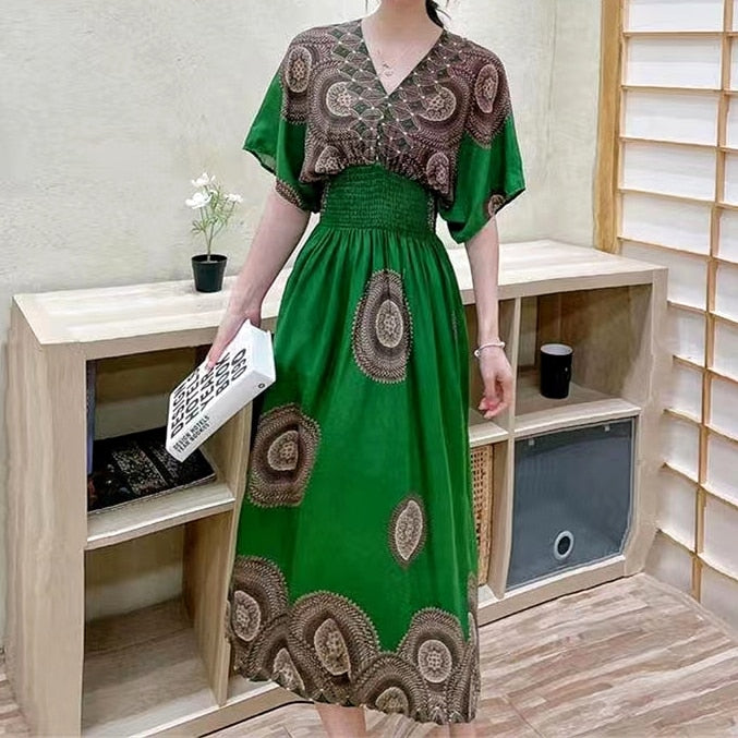 Casual Elegant V-neck Tunic Large Printed Dress Long Skirt