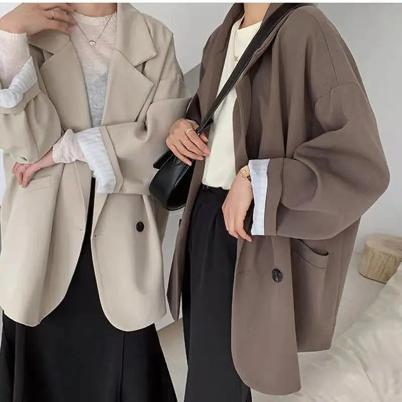 Oversize Double-breasted Tweed Blazer for Women Long Sleeve Black Loose Casual Jacket Korean Chic Streetwear for Spring Autumn