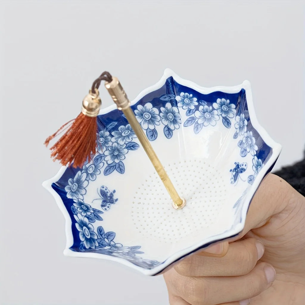 Ceramic Tea Strainer 1pc- Blue & White Umbrella Design with Tassel, Compact for Office/Home Decor, for Kung Fu Tea Sets