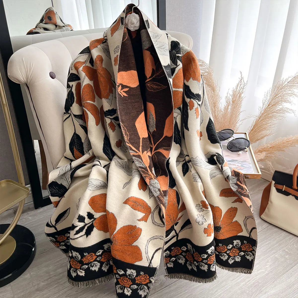 Women's Two-Sided Print Scarf Imitation Cashmere Soft Warm Pashmina Shawl Winter Coldproof Windproof Blanket Scarf for Outdoor Fashion
