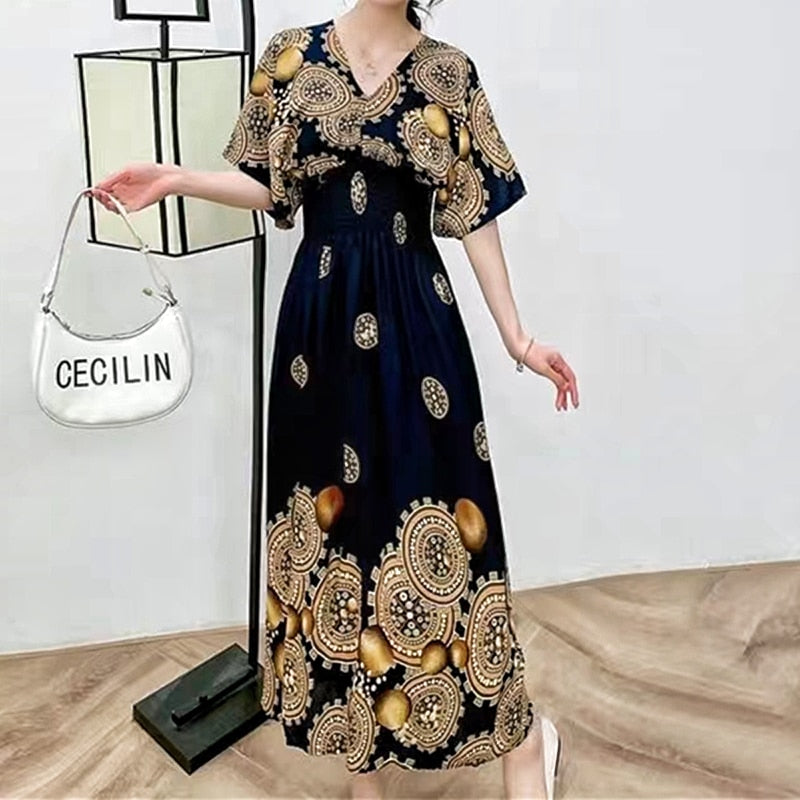 Casual Elegant V-neck Tunic Large Printed Dress Long Skirt