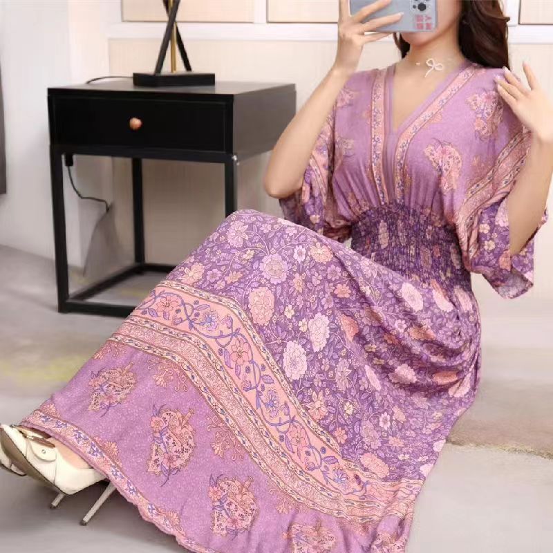 Casual Elegant V-neck Tunic Large Printed Dress Long Skirt