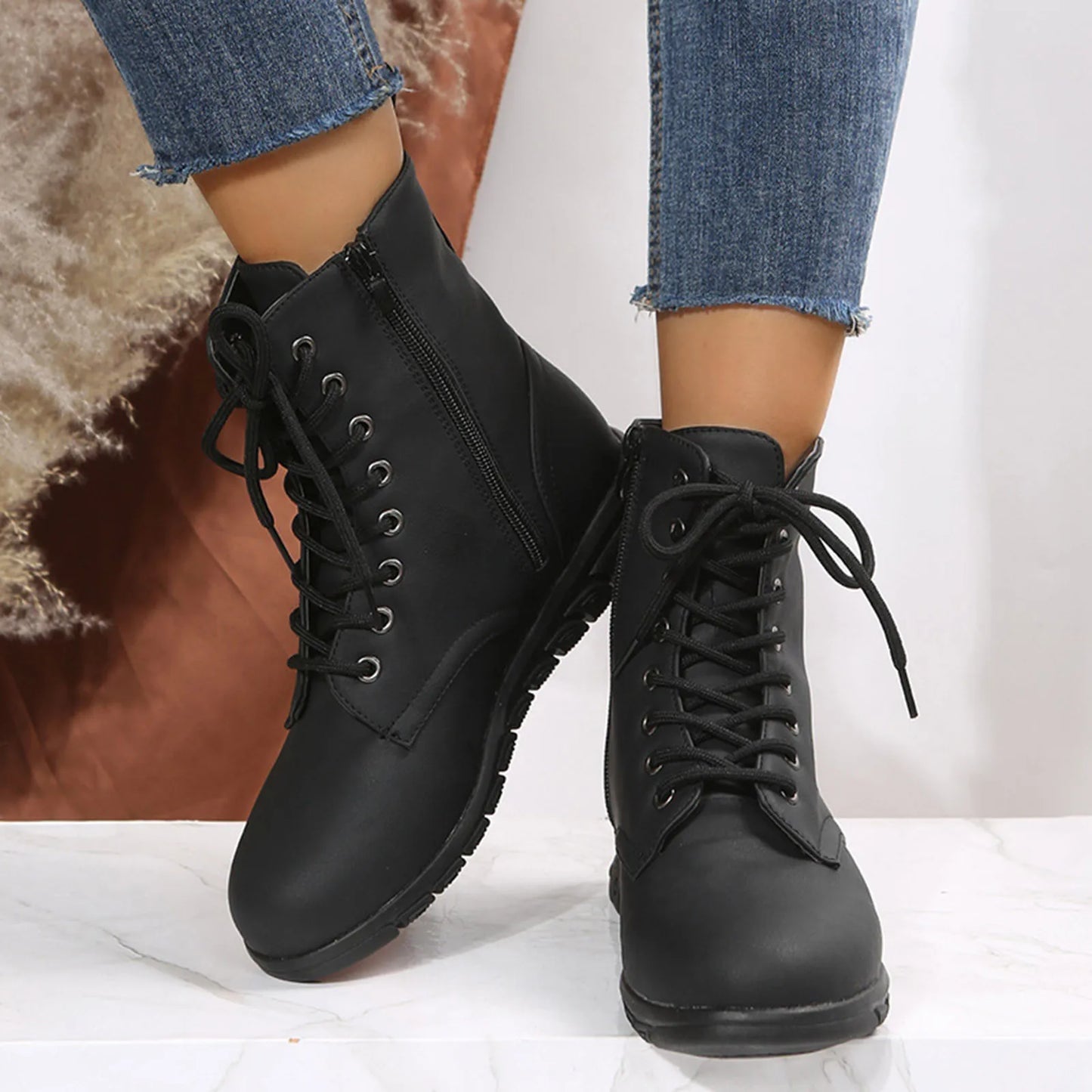 Elegant Boots & Ankle Boots For Women Autumn And Winter Lace Up Flat Bottom Woman Winter Booties