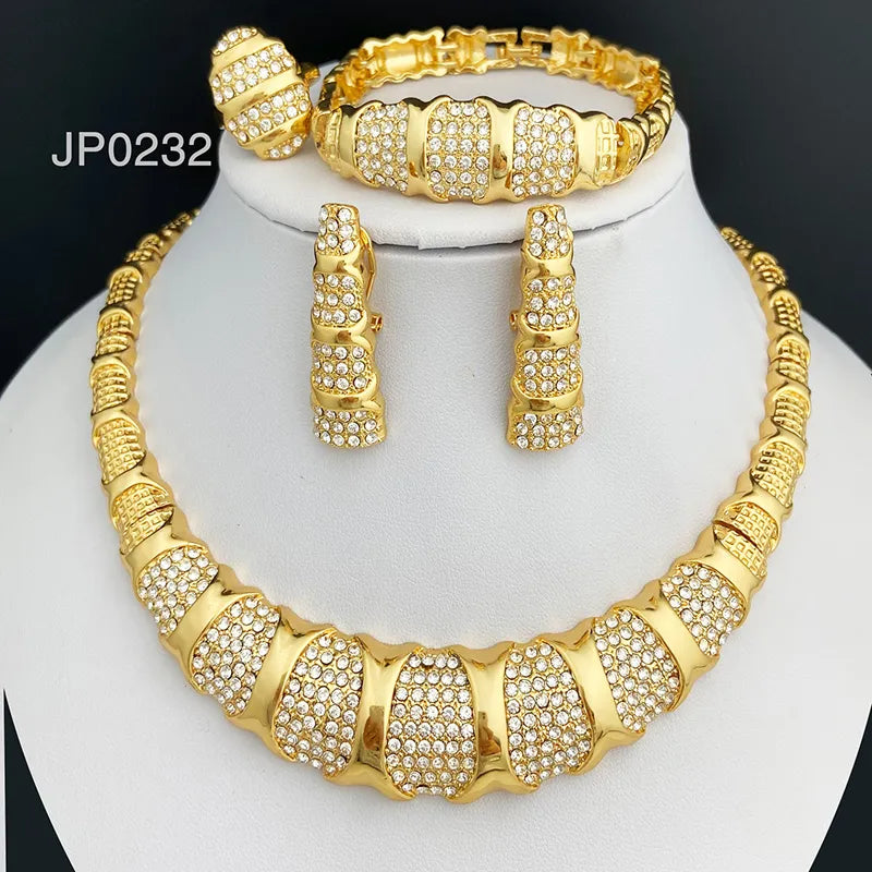 Gold Color Jewelry Sets Luxury 18K Gold Plated Women Necklaces Earrings Ring Bracelet  Accessories