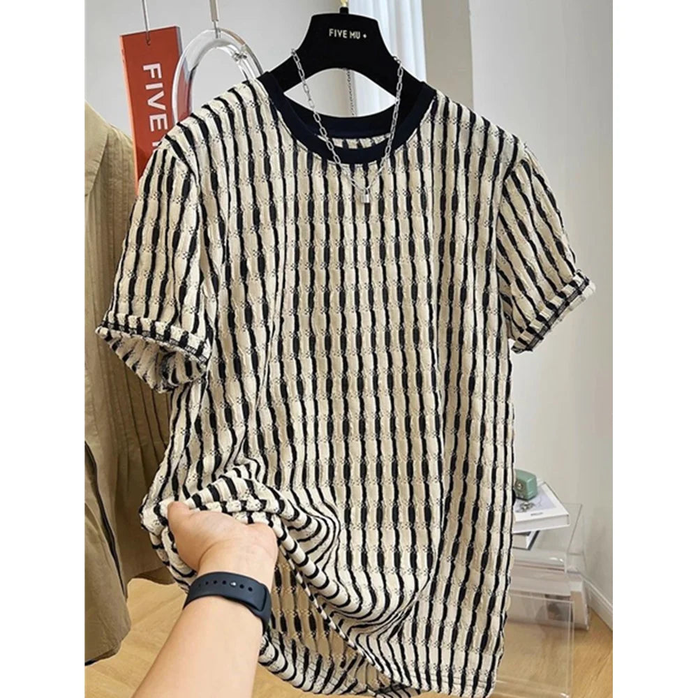 Men's Summer Hollow Stripes Short Sleeved O-Neck Hip-hop T-shirt Streetwear Outdoor for Clothing