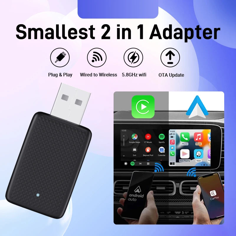 Carplay Android Auto Wireless Adapter for Toyota Mazda Nissan Camry Suzuki Subaru Citroen Audi Mercedes Kia Ford Opel Spotify BT