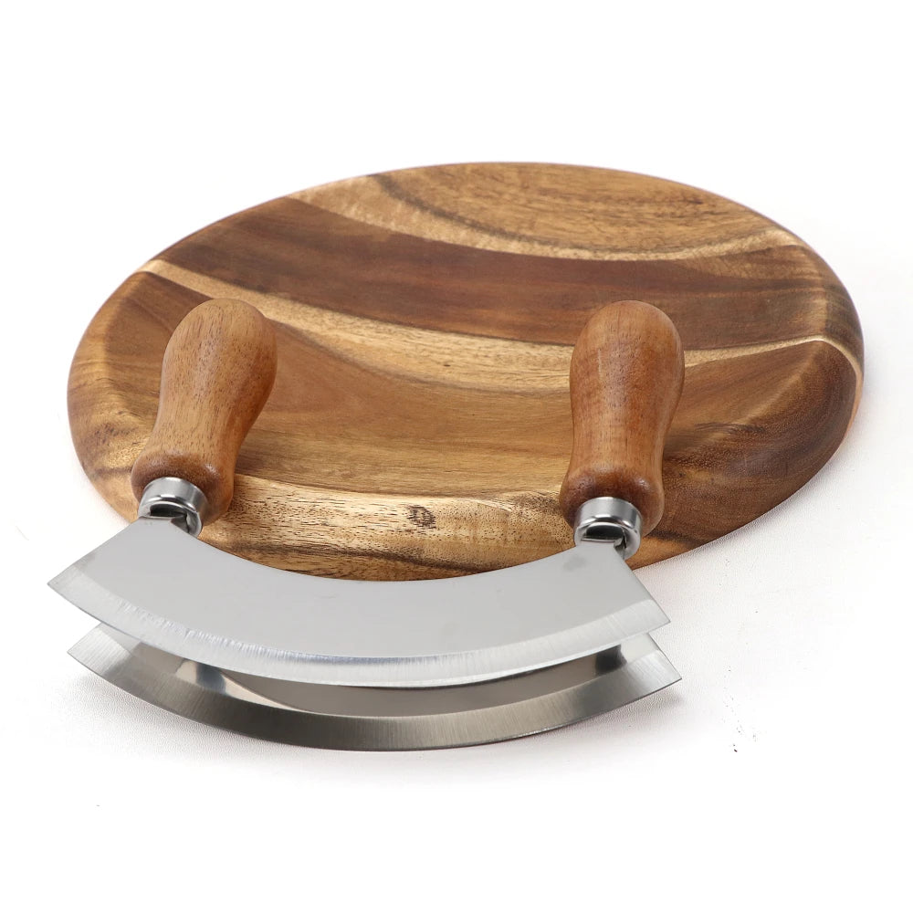 Mezzaluna Knife Round Cutting Board Rocker Knife Acacia Wooden Curved Double Side Herb Board Salad Chopper