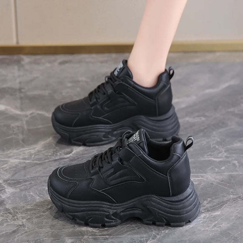 White Platform Women's Sneakers Autumn Lace-Up Thick Bottom Sports Breathable Walking Shoes