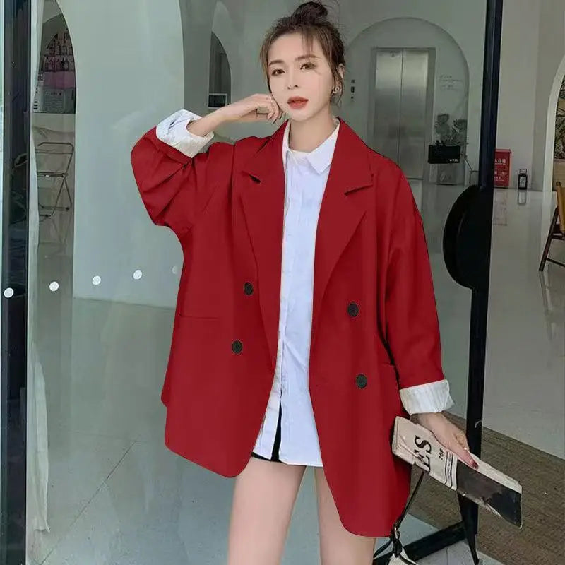 Oversize Double-breasted Tweed Blazer for Women Long Sleeve Black Loose Casual Jacket Korean Chic Streetwear for Spring Autumn