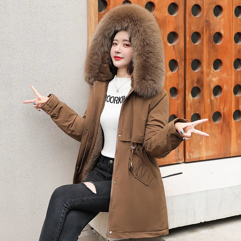 Women Fashion Wool Liner Hooded Parkas Winter Jacket with Fur Collar Warm Snow Wear