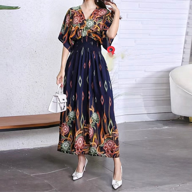 Casual Elegant V-neck Tunic Large Printed Dress Long Skirt