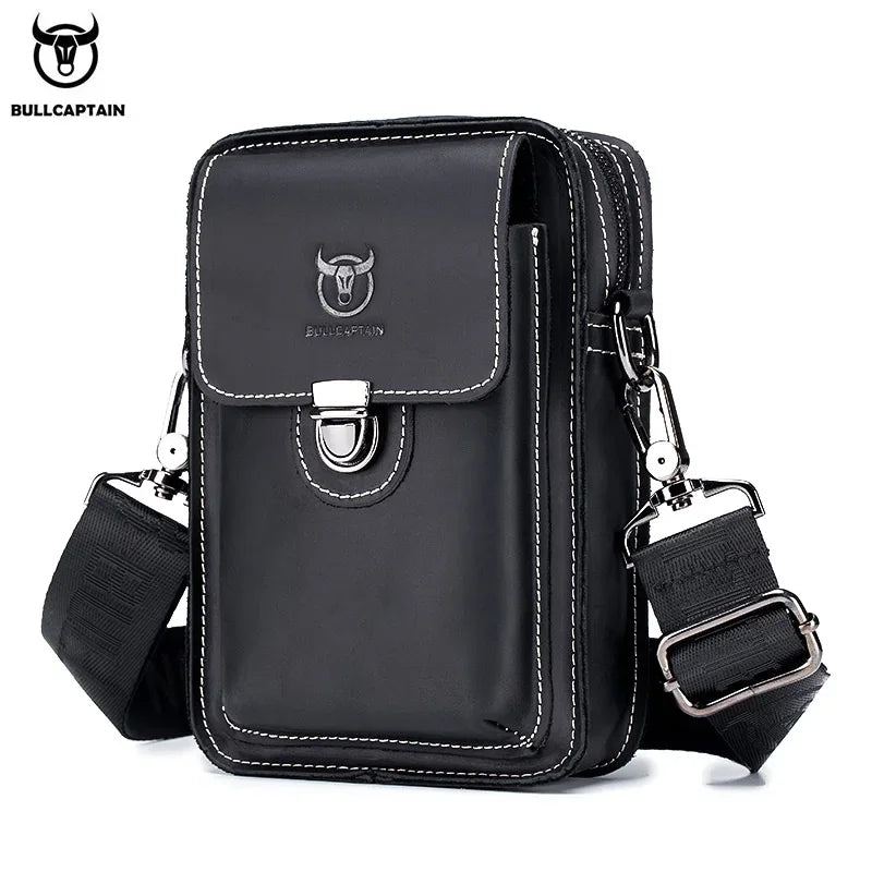 BULLCAPTAIN Men's Crazy Horse Leather Waist Pack Casual Small Chest Shoulder Belt Bag Phone Pouch Genuine Cowhide YB075