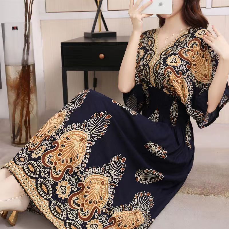 Casual Elegant V-neck Tunic Large Printed Dress Long Skirt