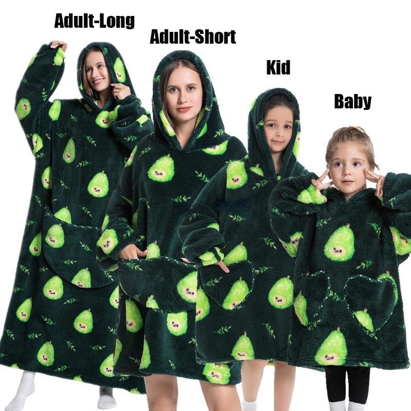 Super Long Oversized Winter Sherpa Blanket Plush Flannel Warm Family Matching Hoodie Halloween Homewear Avocado Women Sweatshirt