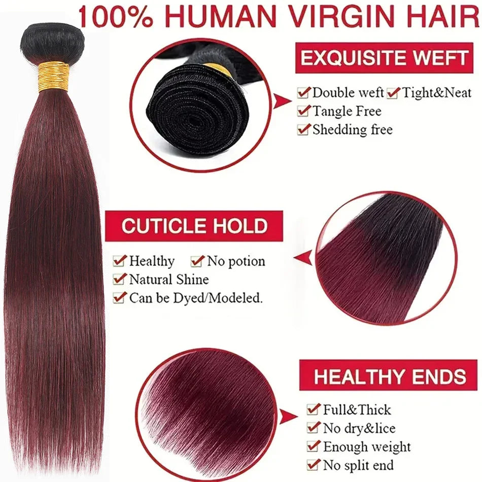 1b 99j Burgundy Human Hair Bundles Straight Human Hair 1/3 /4 Pcs Brazilian Virgin Hair Extensions