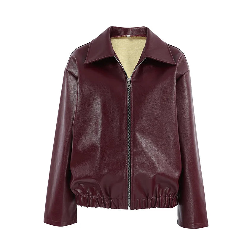 Street Women Zipper Long Sleeve Burgundy Lapel Ladies Jacket