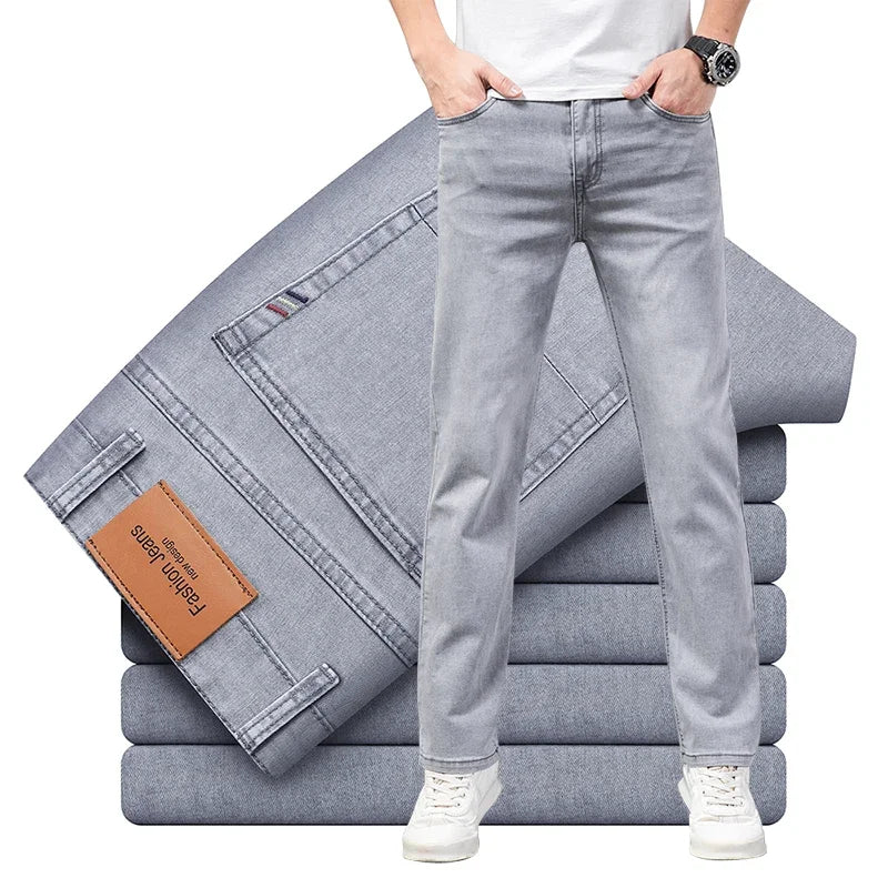 Summer Thin Elastic Cotton Men's Jeans Fashion Gray Comfortable Business Straight Casual Pants