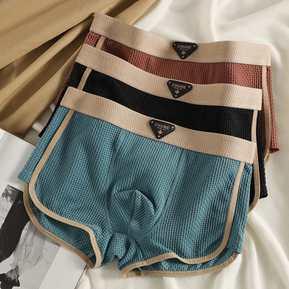 Fashion Ice Silk Knitted Plaid Boxers Breathable Comfort 3Pcs Pack Super Soft Men Panties