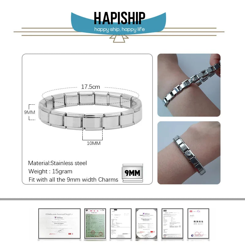 Hapiship New Women Jewelry 9mm Width Itanlian Elastic Charm Bracelet Fashion Stainless Steel Bangle