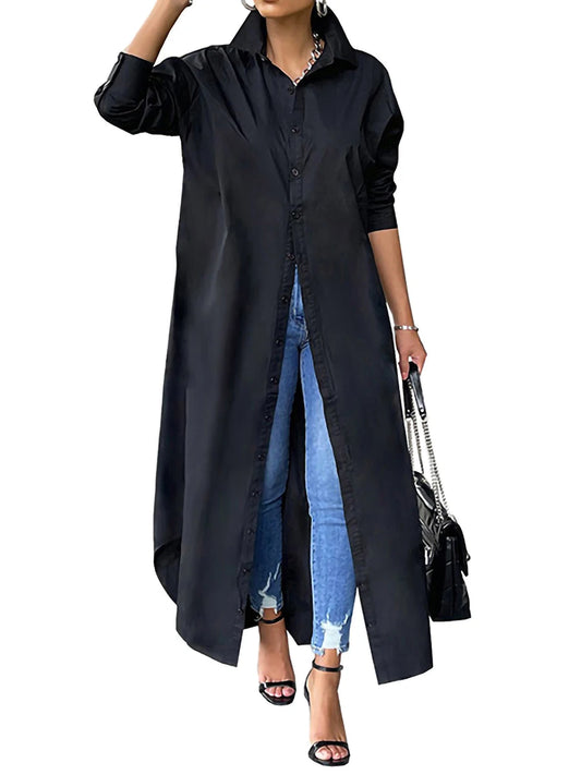 Women Elegant V-neck Long Sleeve Solid Color Button Down Maxi Dress Coat with Pockets and Belt