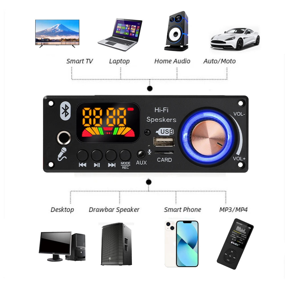 Amplifier Bluetooth 5.1 MP3 Decoder Board 2*80W Audio Player 12V DIY MP3 Player Car FM Radio Module TF USB Mic Record Call