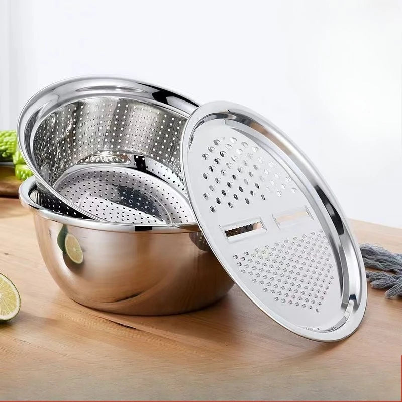 Vegetable Potato Stainless Steel Slicer, Washing Basin, Drain Basket, Multifunctional 3PCS/1 Set