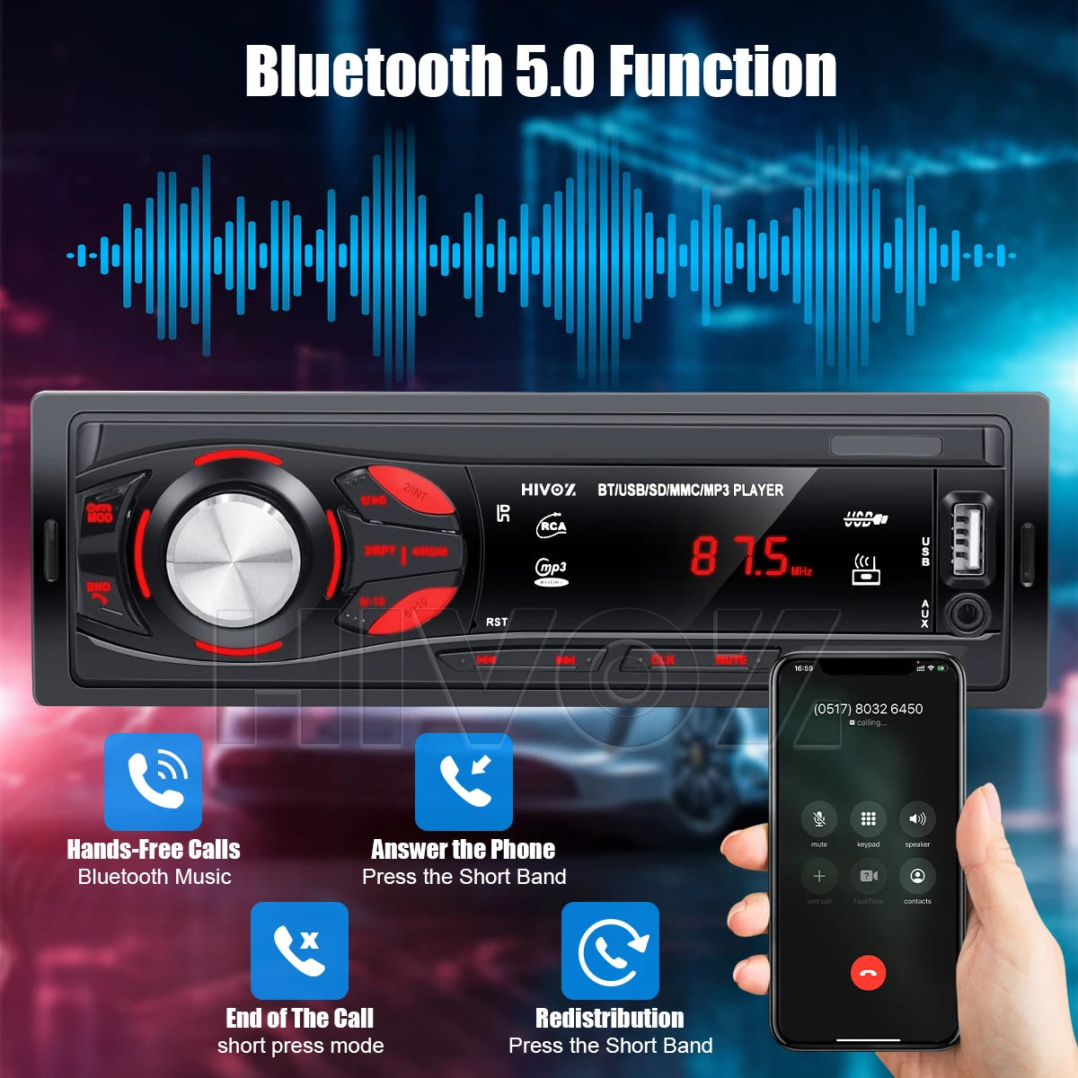 HIVOZ Car Radio Audio 1 Din Bluetooth Stereo Hands-Free Calling MP3 Player FM Receiver With AUX/USB/TF Card In Dash Kit