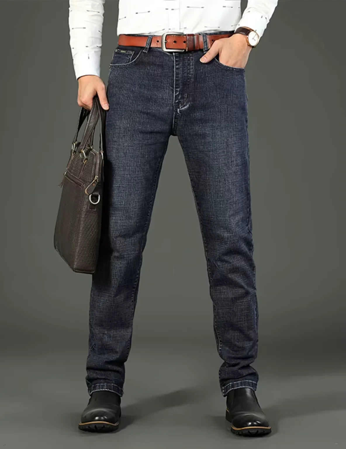 Men's New Business Jeans Casual Straight Stretch Classic Work Denim Pant Trousers