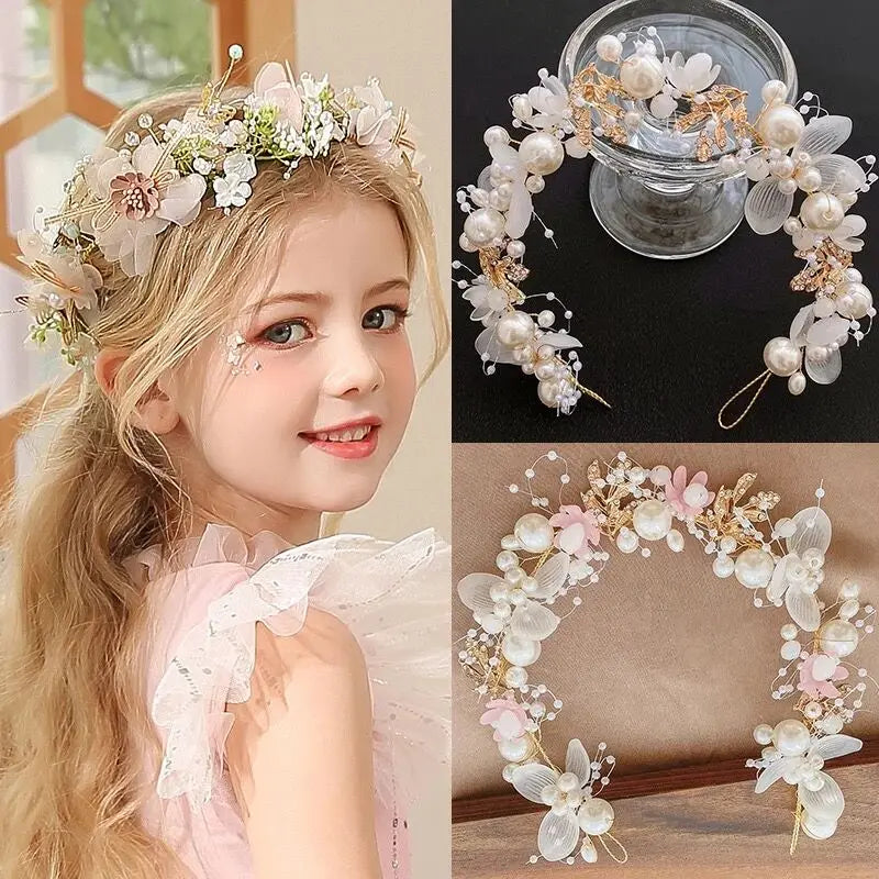 Spring Bohemian Girls Bridal Pearl Hair Headdress Flower Wreath Bride Garland Head Hoop Headbands Hair Jewelry Children Gifts